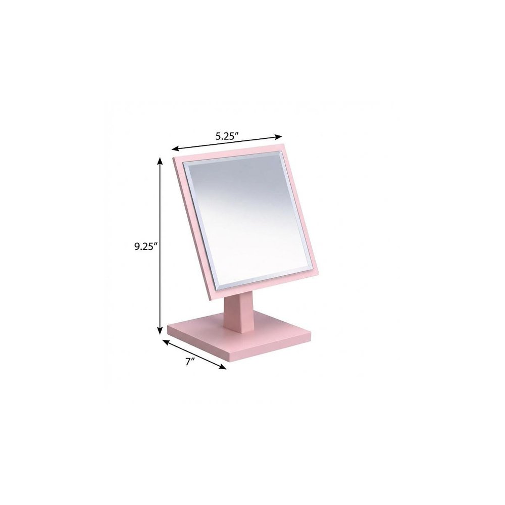 9" Pink Wood Square Freestanding Framed Makeup Shaving Tabletop Mirror on a white background