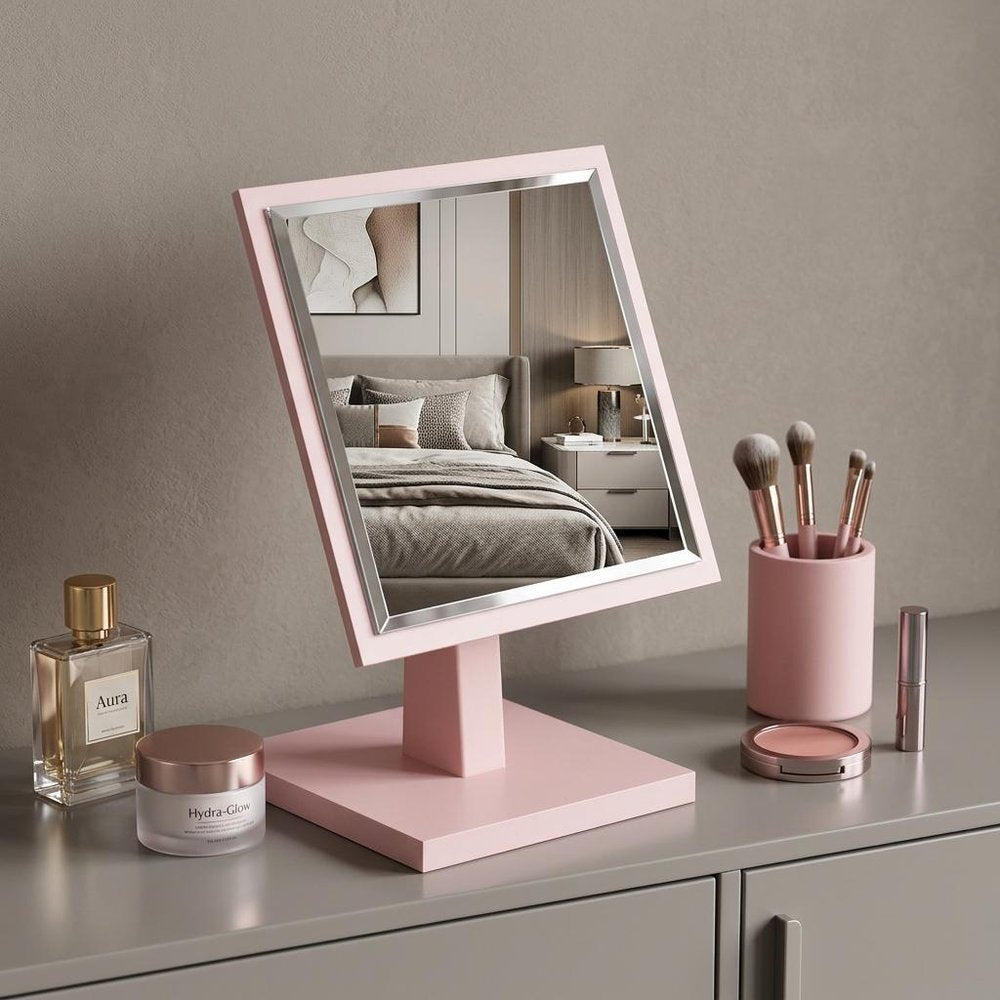 9" Pink Wood Square Freestanding Framed Makeup Shaving Tabletop Mirror close-up detail