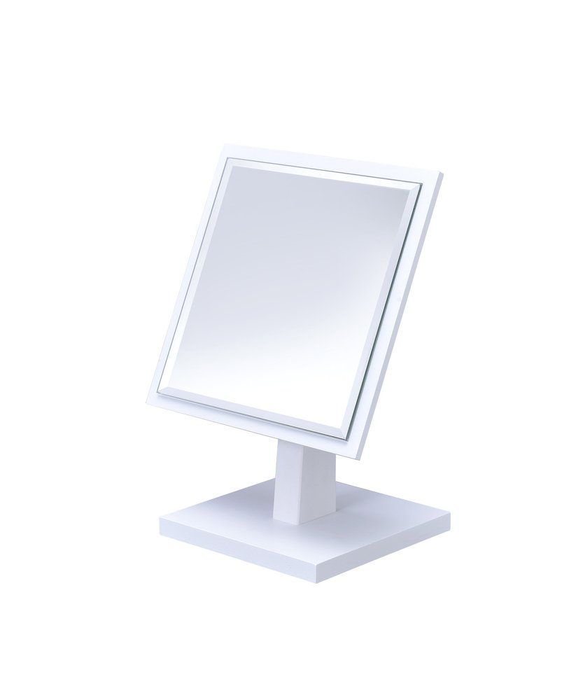 White wood freestanding tabletop mirror with a square base and a framed reflective surface on a white background.