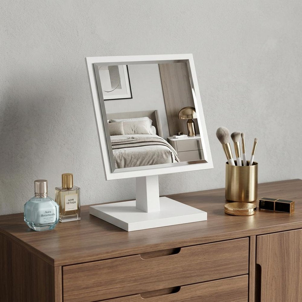 9" White Wood Square Freestanding Framed Makeup Shaving Tabletop Mirror in a home interior