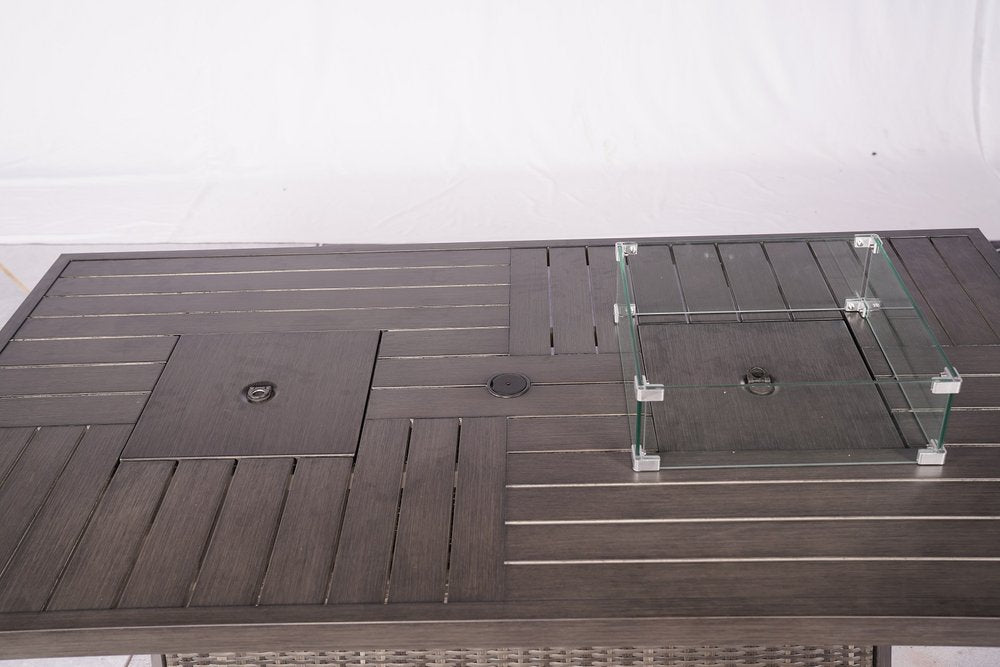 Seven Piece Gray Wicker Upholstered Cushions Sectional Seating Group With Fire Pit And Table - 30.7" H x 80" W x 50" D