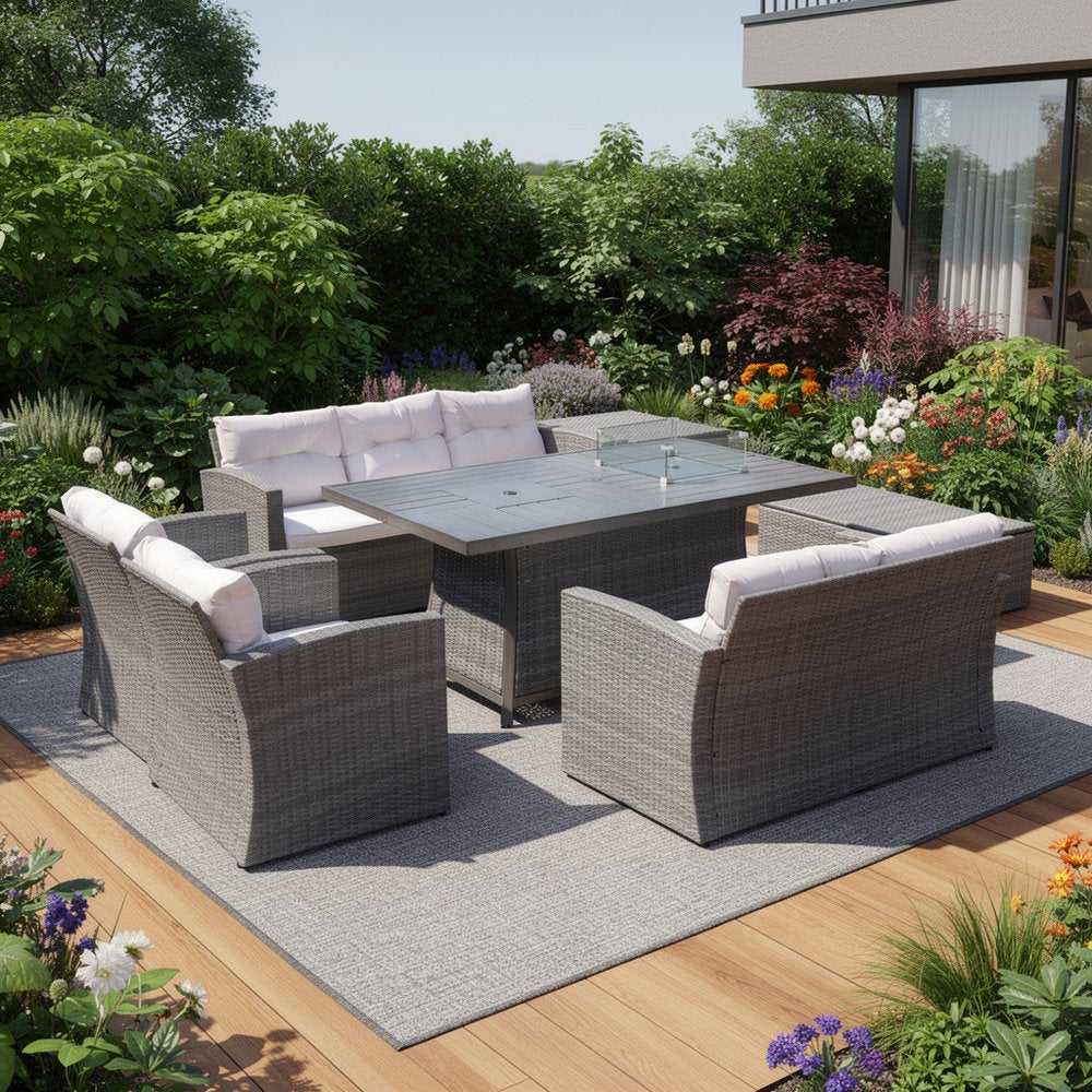 Seven Piece Gray Wicker Upholstered Cushions Sectional Seating Group With Fire Pit And Table - 30.7" H x 80" W x 50" D