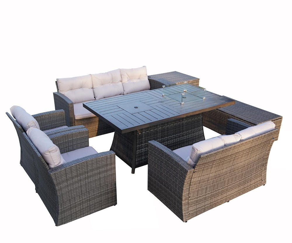Seven Piece Gray Wicker Upholstered Cushions Sectional Seating Group With Fire Pit And Table - 30.7" H x 80" W x 50" D