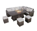 Eight Piece Gray Wicker Upholstered Cushions Sectional Seating Group With Fire Pit And Table