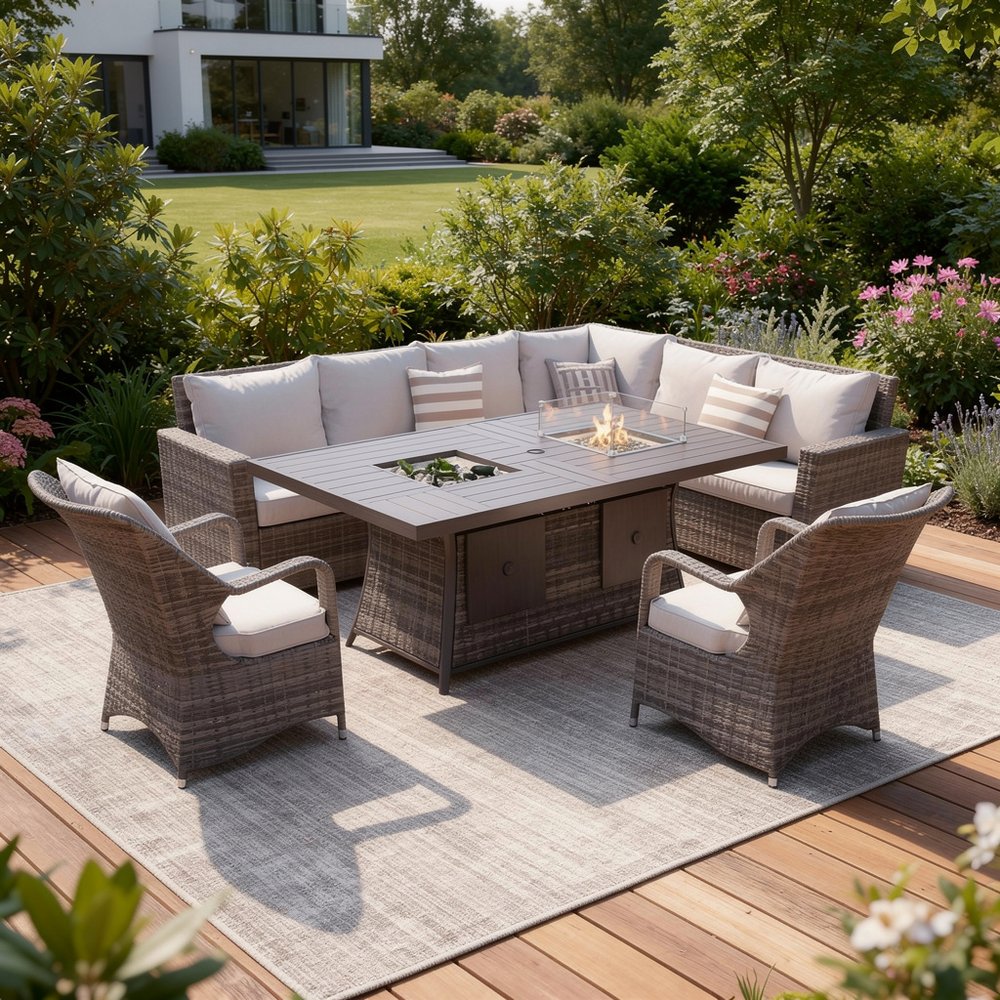 Seven Piece Gray Wicker Upholstered Cushions Sectional Seating Group With Fire Pit And Table - with Multi-purpose Ottoman