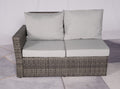 Seven Piece Gray Wicker Upholstered Cushions Sectional Seating Group With Fire Pit And Table - with Multi-purpose Ottoman on a white background
