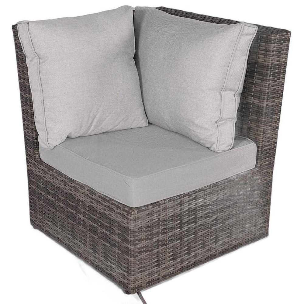 Seven Piece Gray Wicker Upholstered Cushions Sectional Seating Group With Fire Pit And Table - with Multi-purpose Ottoman on a white background