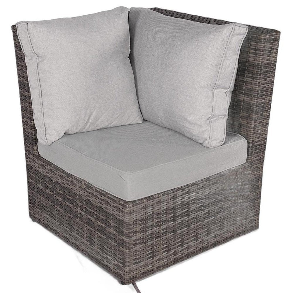 Seven Piece Gray Wicker Upholstered Cushions Sectional Seating Group With Fire Pit And Table - with Multi-purpose Ottoman on a white background