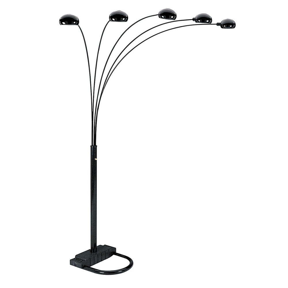 84" Black Five Light Arc Floor Lamp With Black Dome Shade on a white background