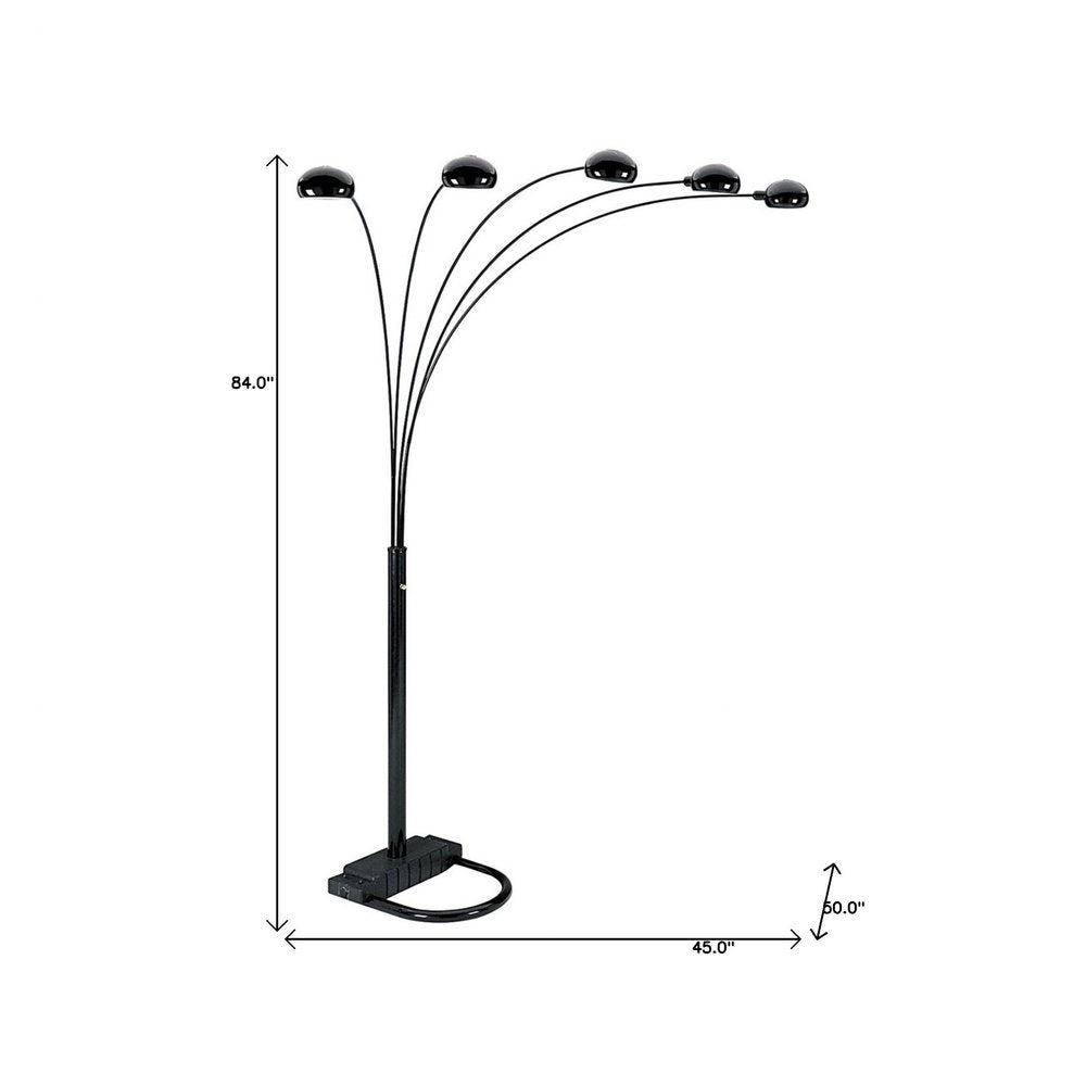 84" Black Five Light Arc Floor Lamp With Black Dome Shade on a white background