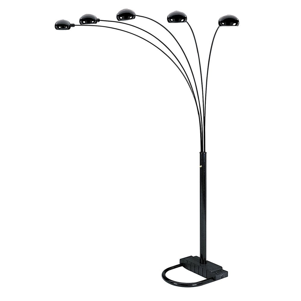 84" Black Five Light Arc Floor Lamp With Black Dome Shade on a white background