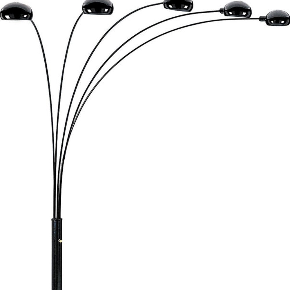 84" Black Five Light Arc Floor Lamp With Black Dome Shade on a white background