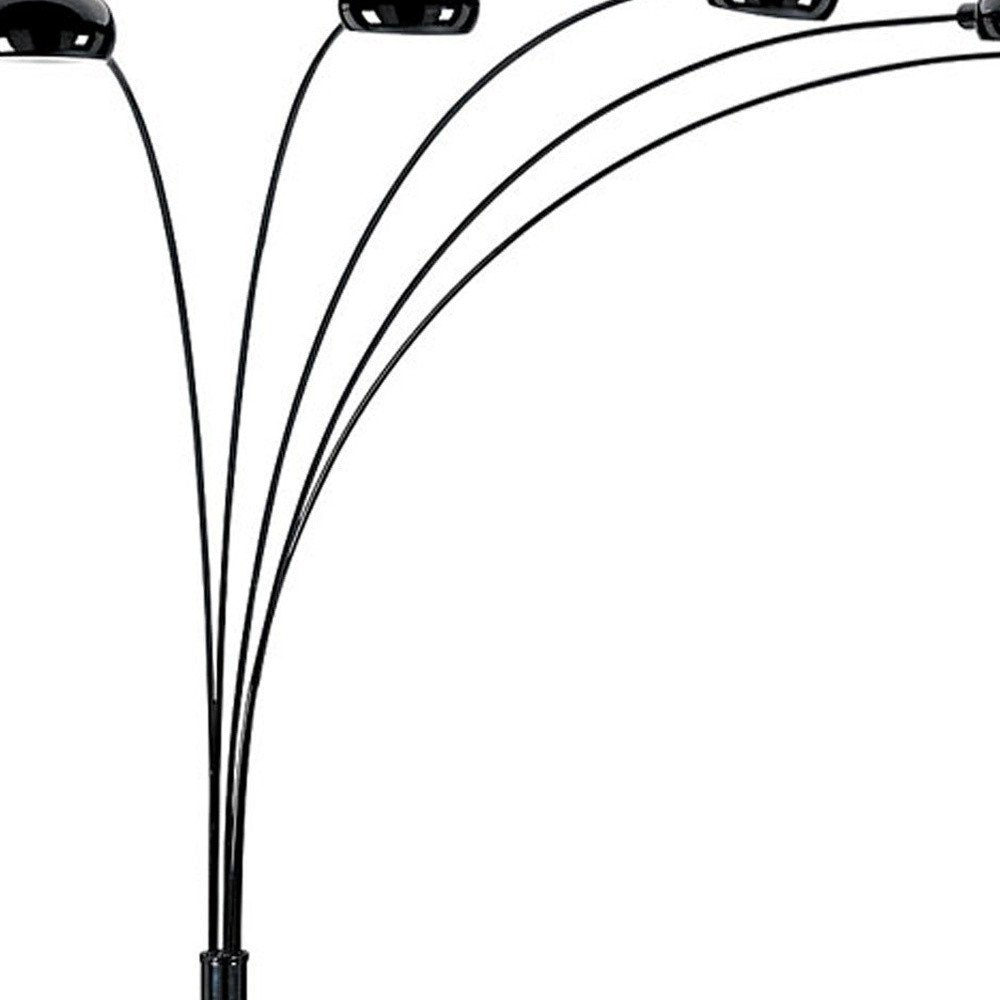 84" Black Five Light Arc Floor Lamp With Black Dome Shade on a white background