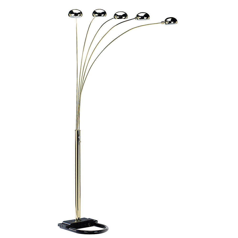 84" Gold Five Light Arc Floor Lamp With Brass Metal Dome Shade on a white background