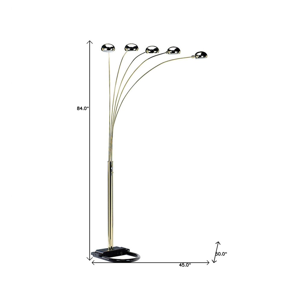 84" Gold Five Light Arc Floor Lamp With Brass Metal Dome Shade on a white background