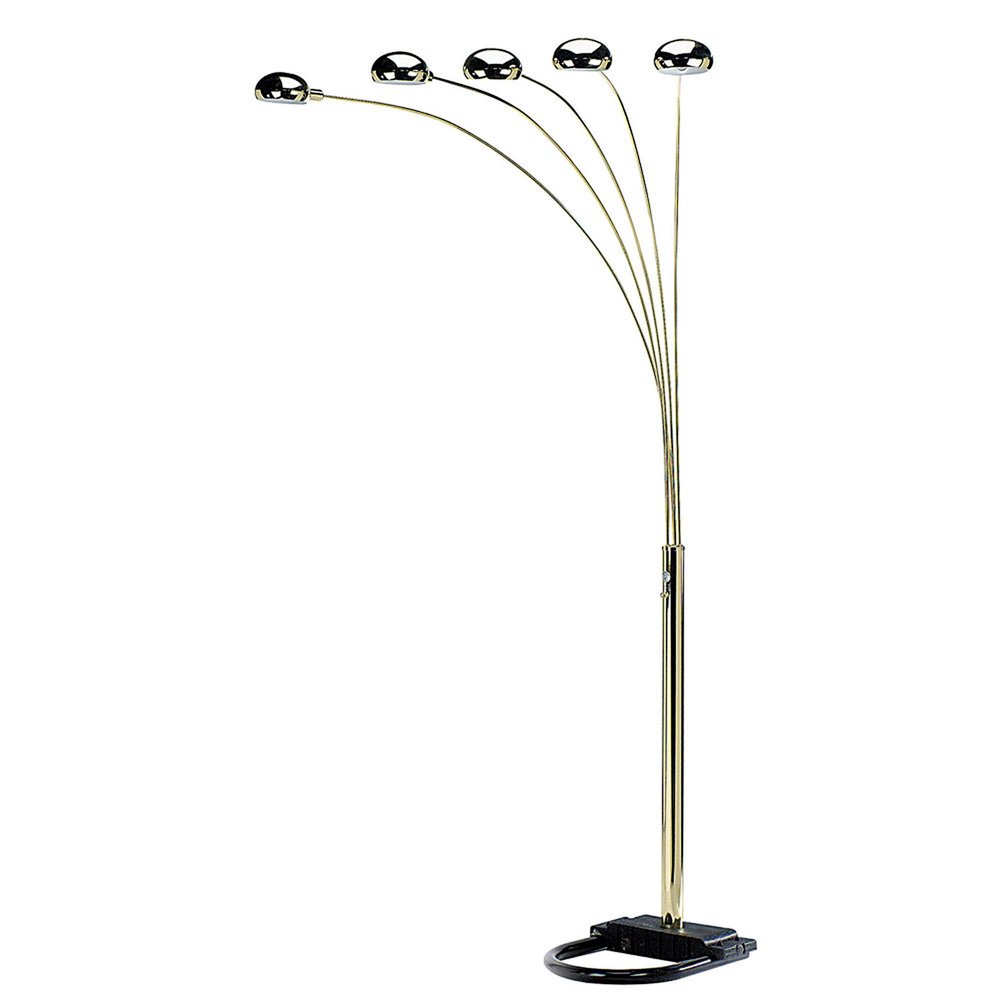 84" Gold Five Light Arc Floor Lamp With Brass Metal Dome Shade on a white background