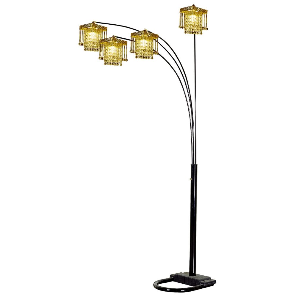84" Black Four Light Arc Floor Lamp With Clear Crystal Glass Chandelier Shade on a white background
