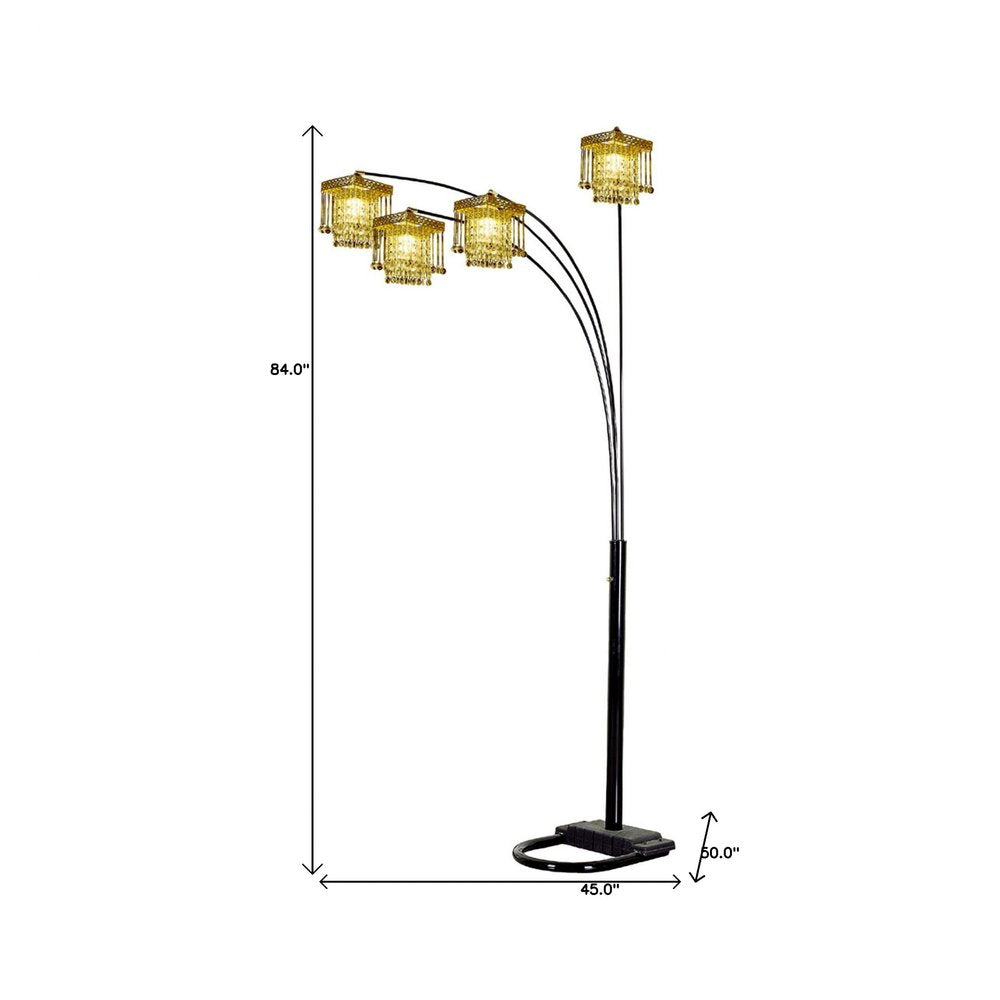 84" Black Four Light Arc Floor Lamp With Clear Crystal Glass Chandelier Shade on a white background