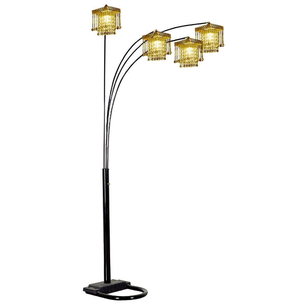 84" Black Four Light Arc Floor Lamp With Clear Crystal Glass Chandelier Shade on a white background