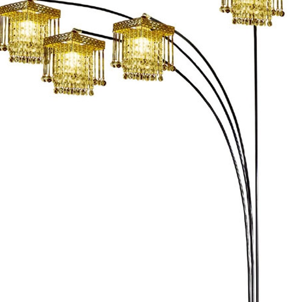 84" Black Four Light Arc Floor Lamp With Clear Crystal Glass Chandelier Shade on a white background
