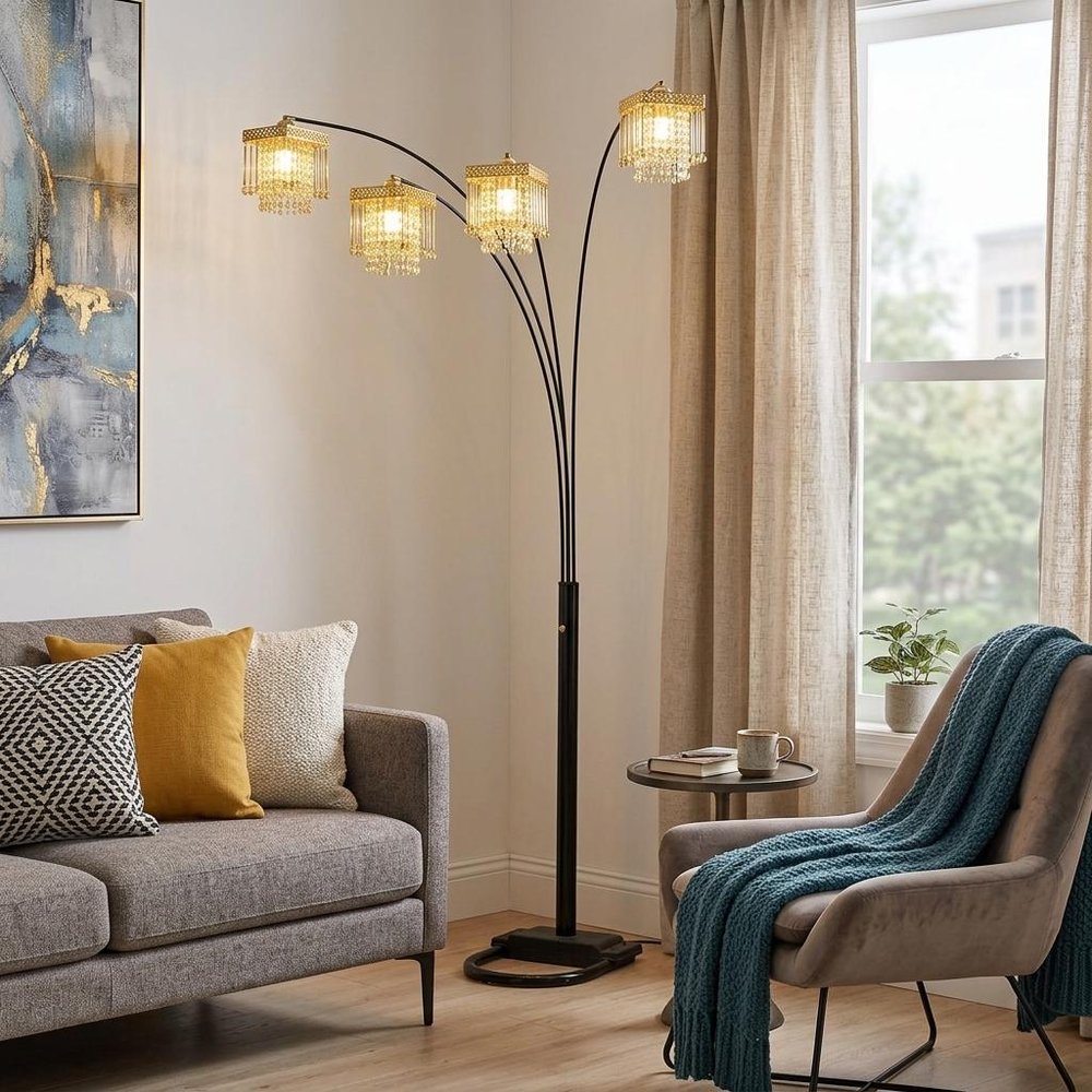 84" Black Four Light Arc Floor Lamp With Clear Crystal Glass Chandelier Shade in a home interior