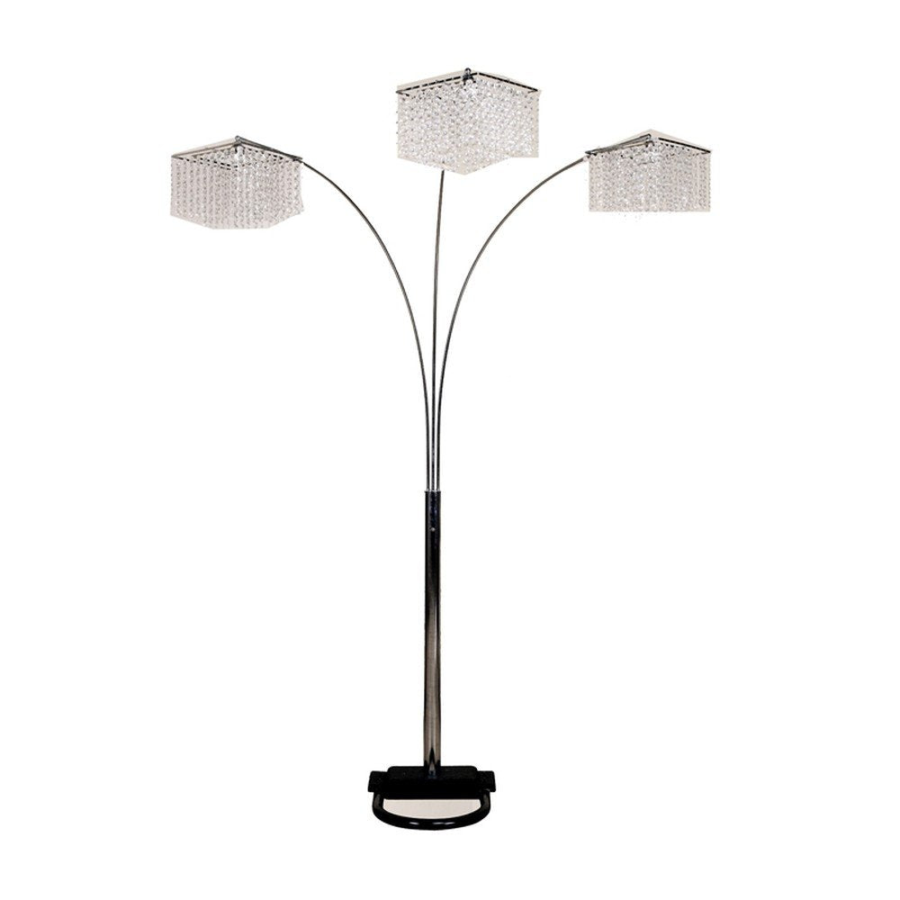 84" Silver Metal Three Light Arched Floor Lamp With Clear Crystal Square Shade
