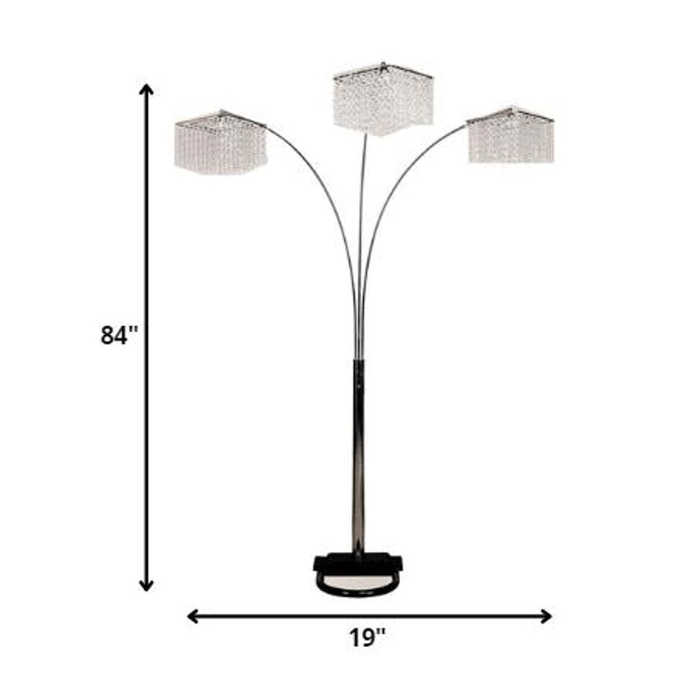 84" Silver Metal Three Light Arched Floor Lamp With Clear Crystal Square Shade