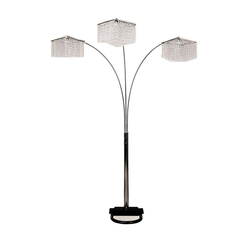 84" Silver Metal Three Light Arched Floor Lamp With Clear Crystal Square Shade