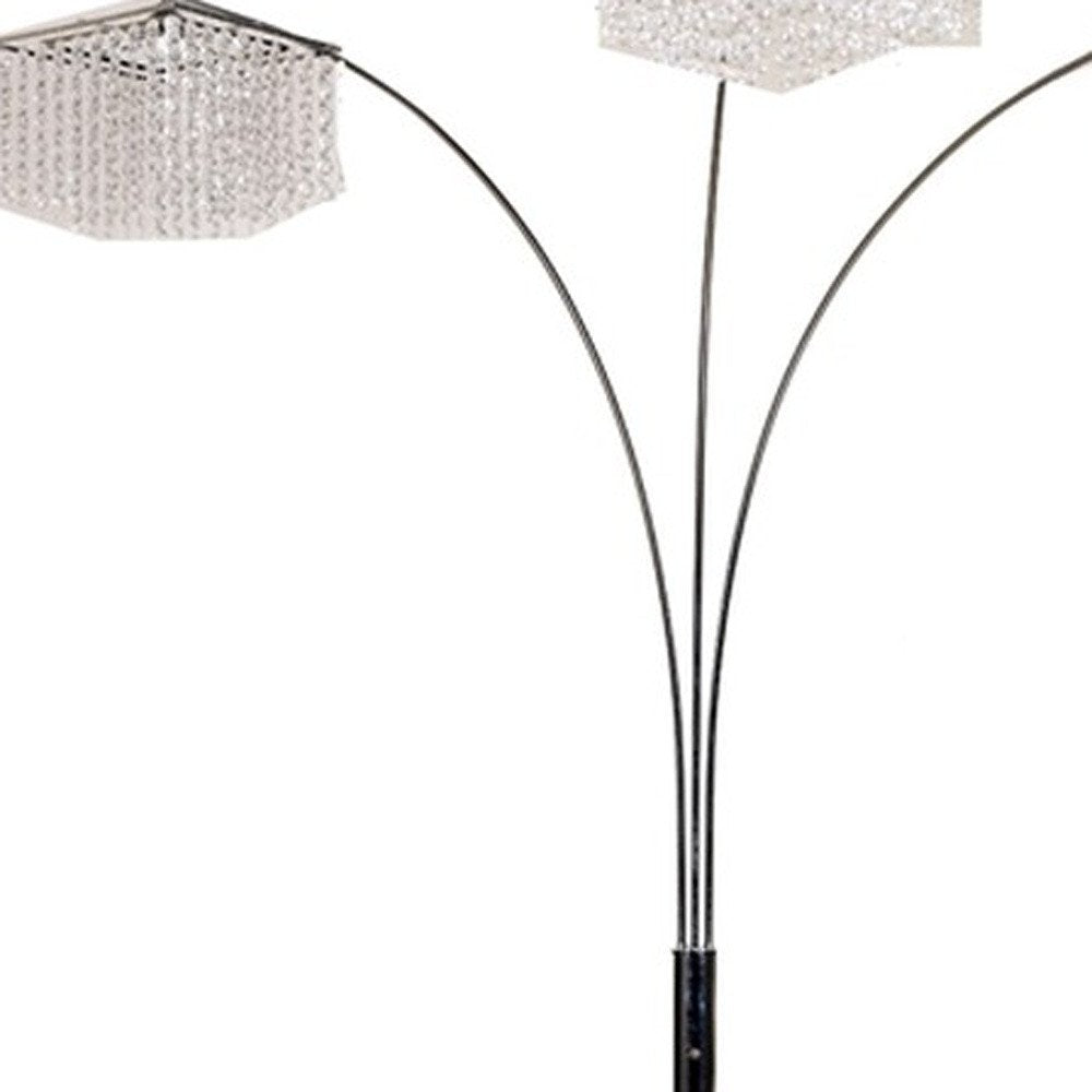 84" Silver Metal Three Light Arched Floor Lamp With Clear Crystal Square Shade