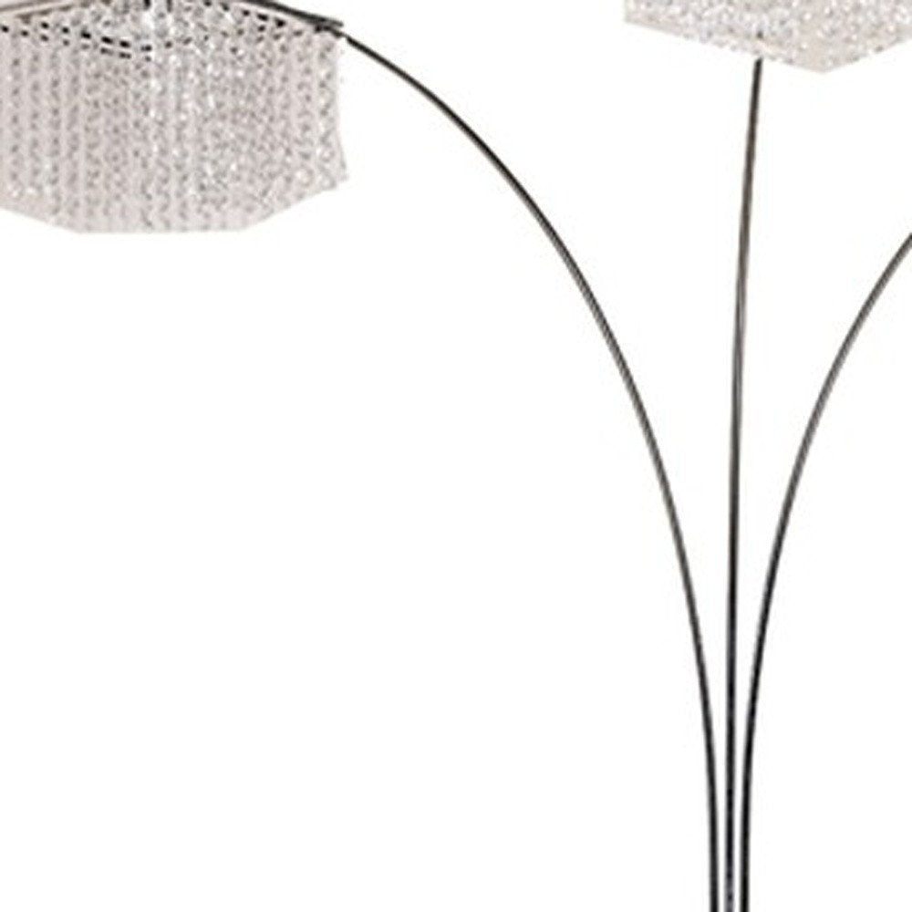 84" Silver Metal Three Light Arched Floor Lamp With Clear Crystal Square Shade on a white background