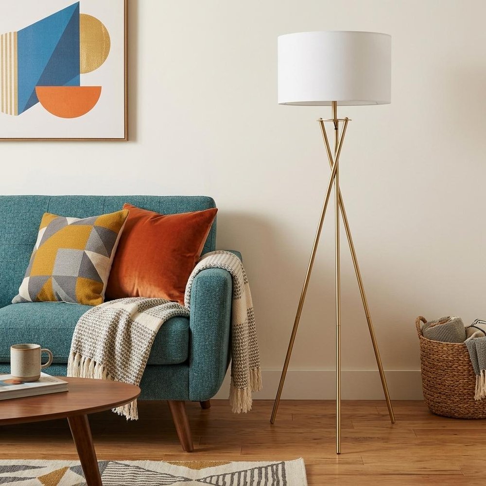 65" Gold And White Tripod Floor Lamp With White Fabric Drum Shade