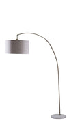 86" Beige And Antique Gold Arched Floor Lamp With Gray Drum Shade on a white background