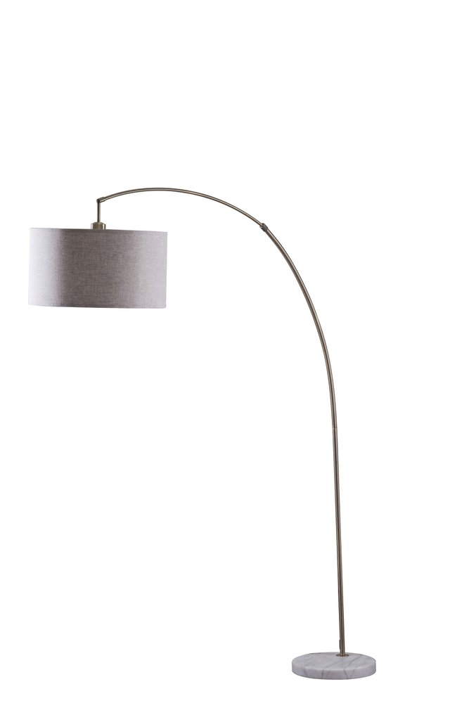 Arched floor lamp with a gray drum shade and a marble base on a white background.