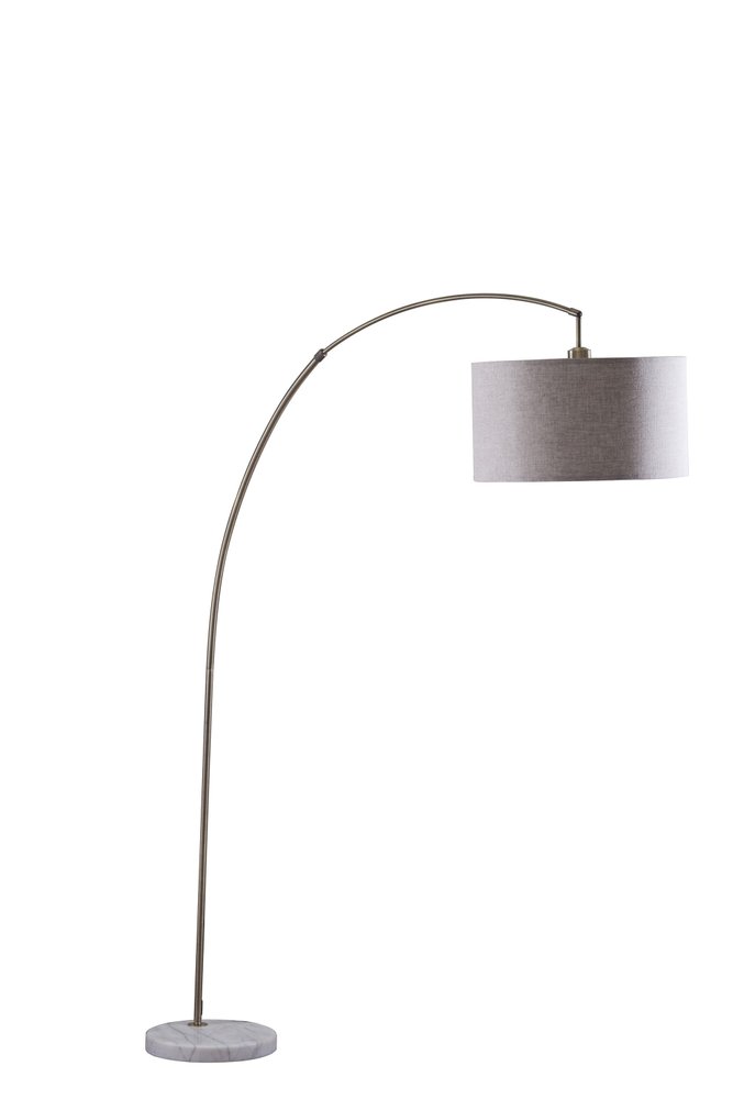 86" Beige And Antique Gold Arched Floor Lamp With Gray Drum Shade on a white background