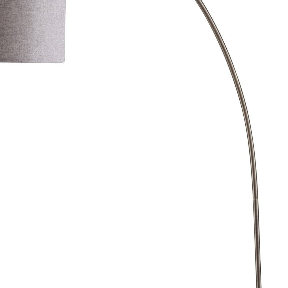 86" Beige And Antique Gold Arched Floor Lamp With Gray Drum Shade on a white background