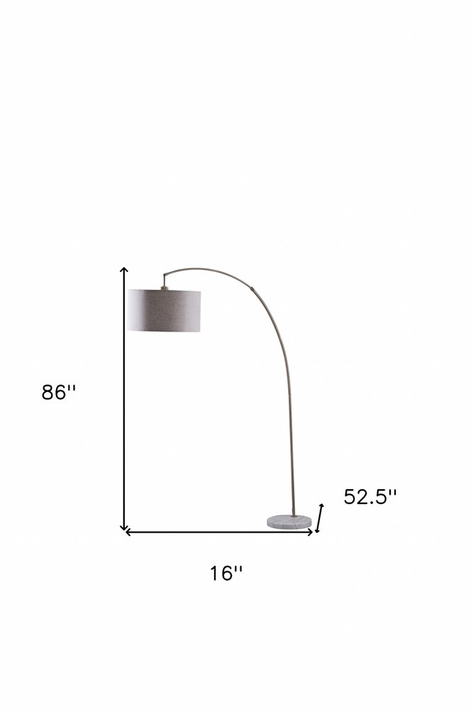 86" Beige And Antique Gold Arched Floor Lamp With Gray Drum Shade on a white background