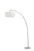 86" White And Silver Arc Floor Lamp With White Drum Shade on a white background