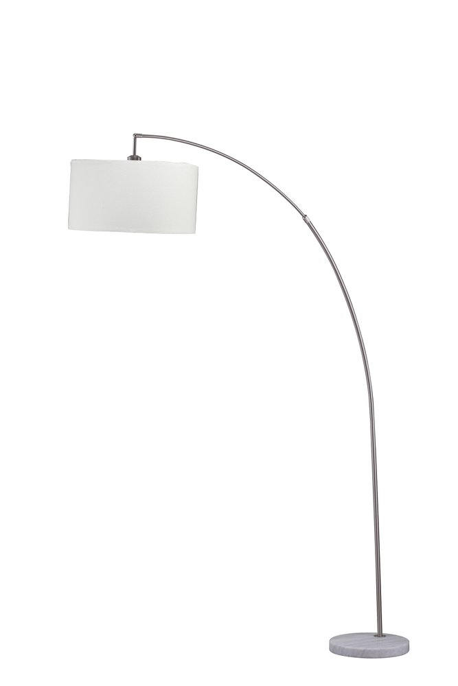 White drum shade on a silver arc floor lamp with a marble base against a white background.