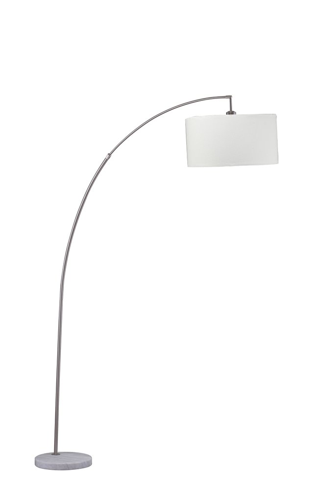 86" White And Silver Arc Floor Lamp With White Drum Shade on a white background