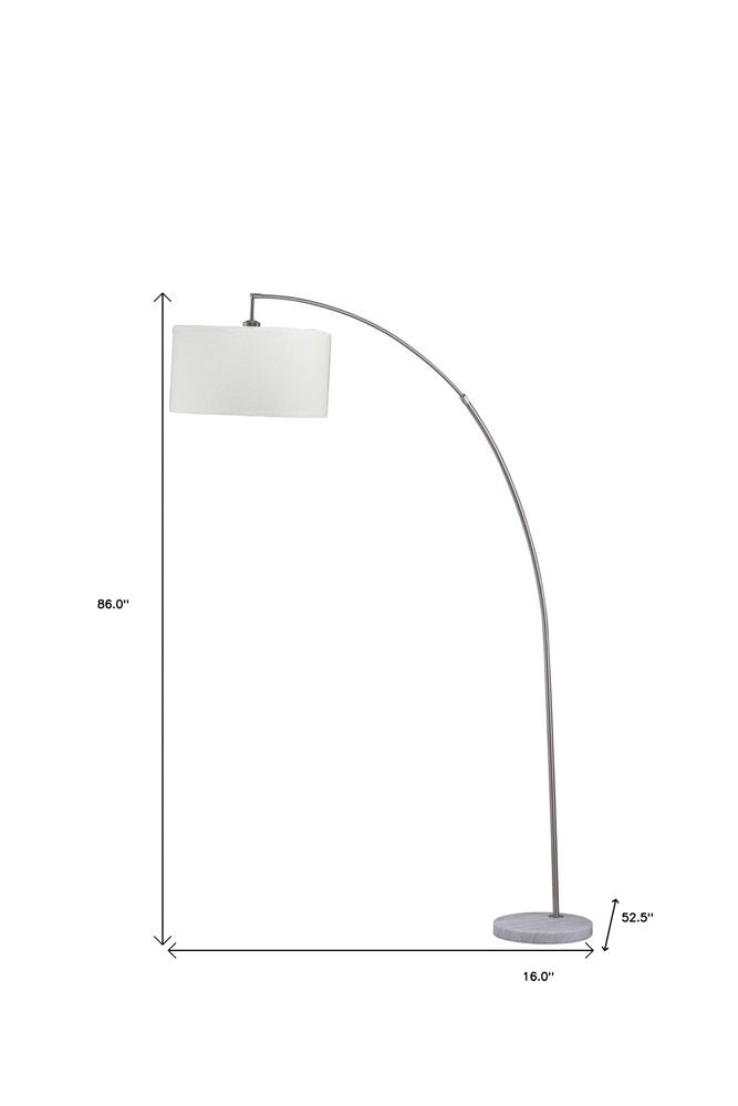 86" White And Silver Arc Floor Lamp With White Drum Shade on a white background