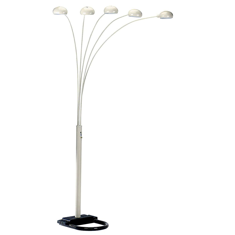 84" White Five Light Arc Floor Lamp With White Dome Shade on a white background