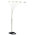 84" White Five Light Arc Floor Lamp With White Dome Shade on a white background