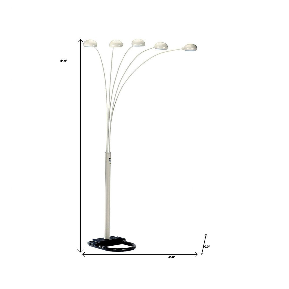 84" White Five Light Arc Floor Lamp With White Dome Shade on a white background