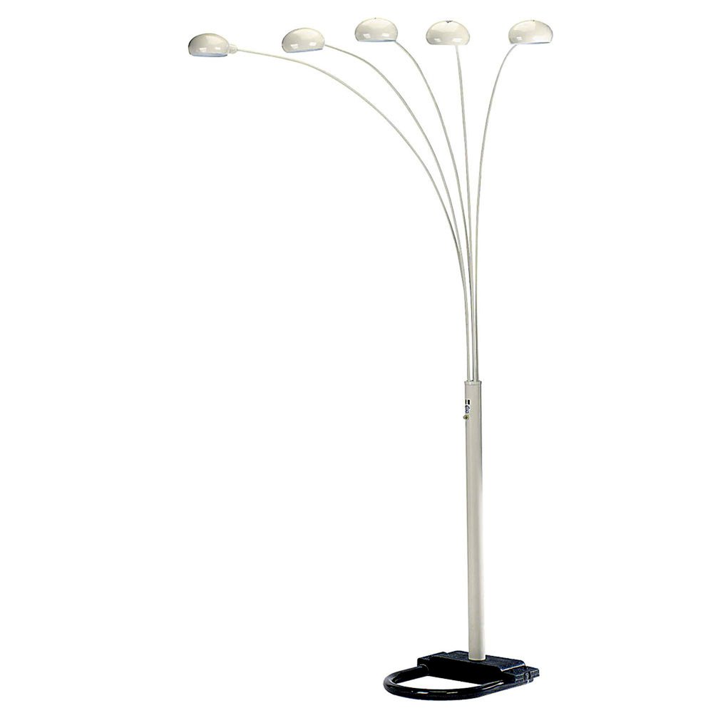 84" White Five Light Arc Floor Lamp With White Dome Shade on a white background
