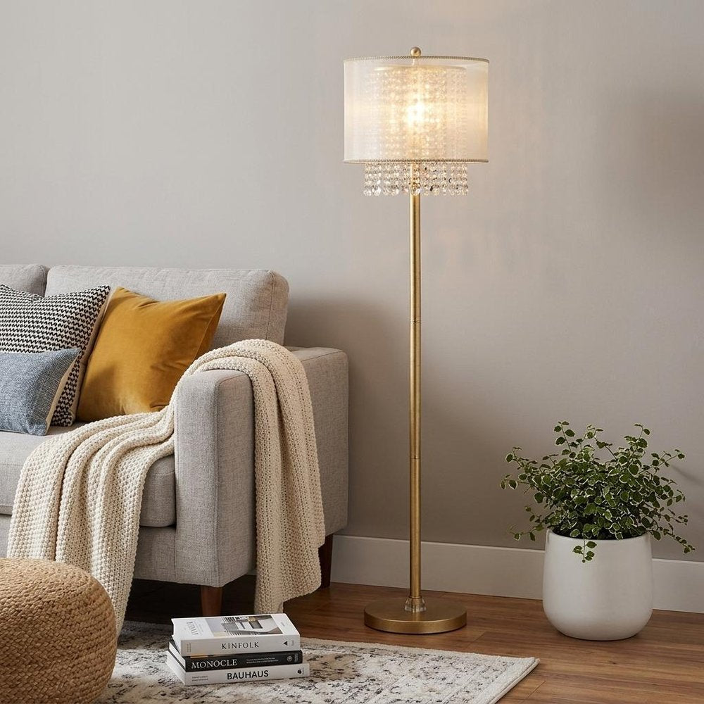 65" Gold And White Novelty Floor Lamp With White Fabric Drum Shade