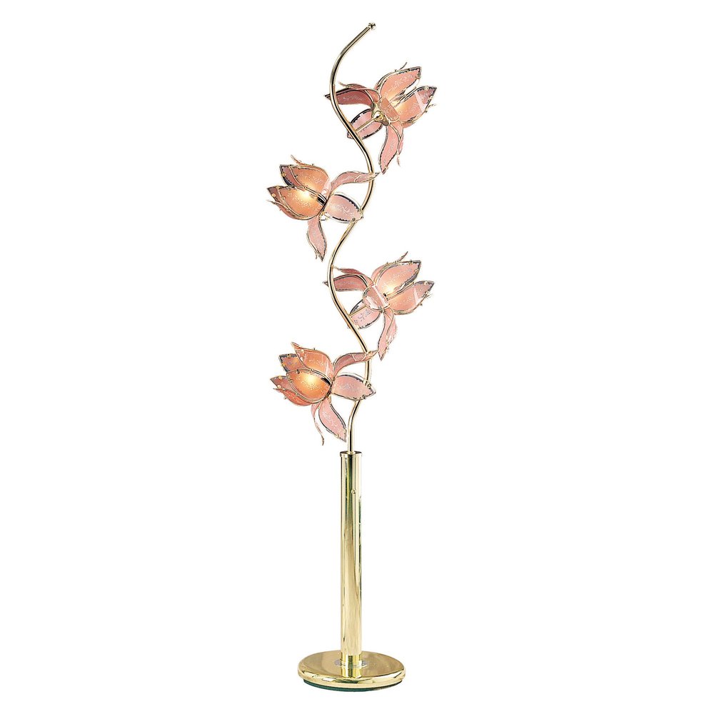 73" Gold Four Light Floral Floor Lamp With Pink Glass Shades on a white background