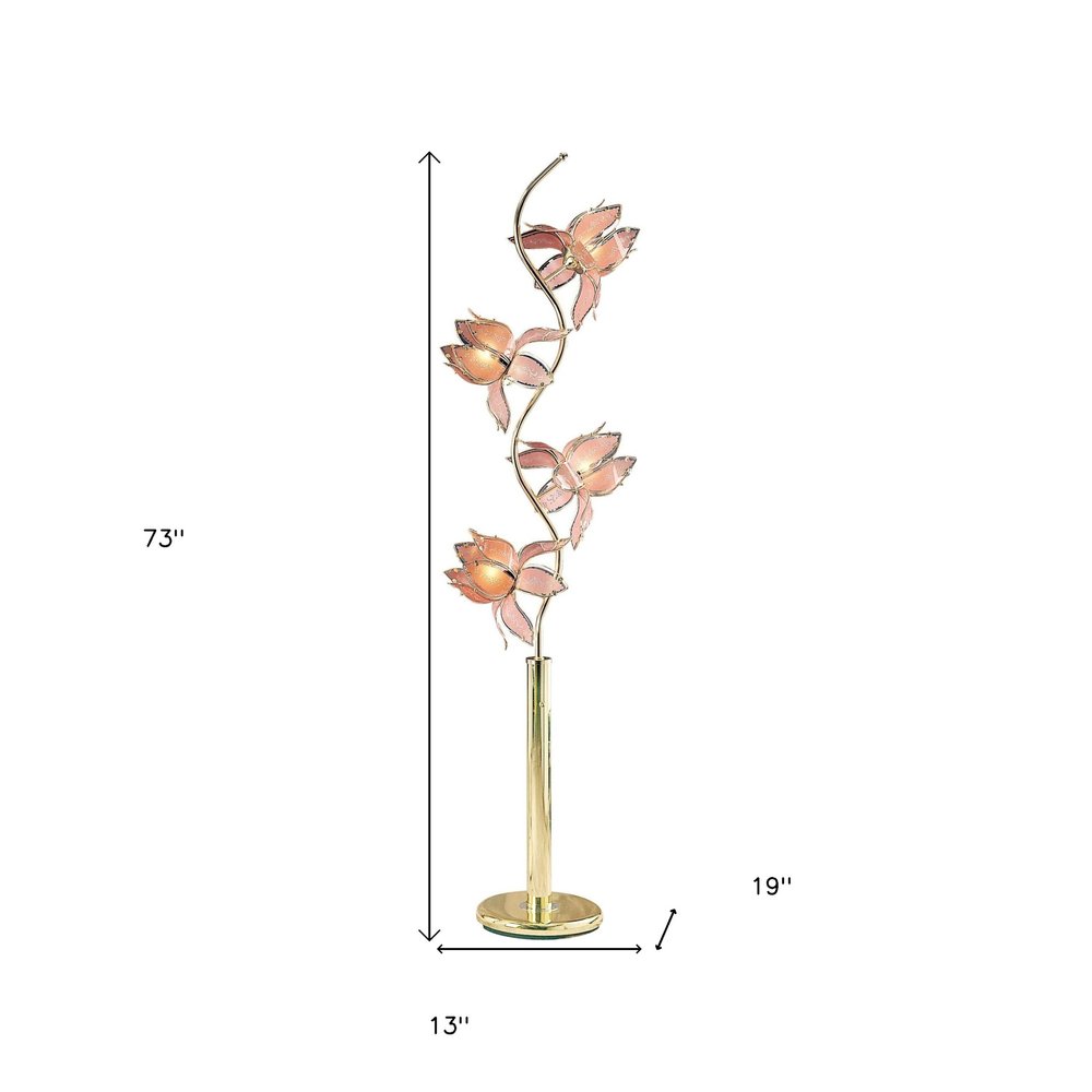 73" Gold Four Light Floral Floor Lamp With Pink Glass Shades on a white background