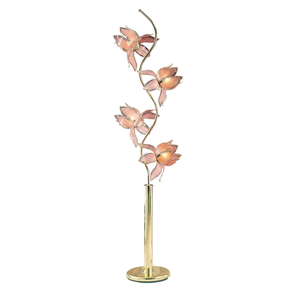 73" Gold Four Light Floral Floor Lamp With Pink Glass Shades on a white background