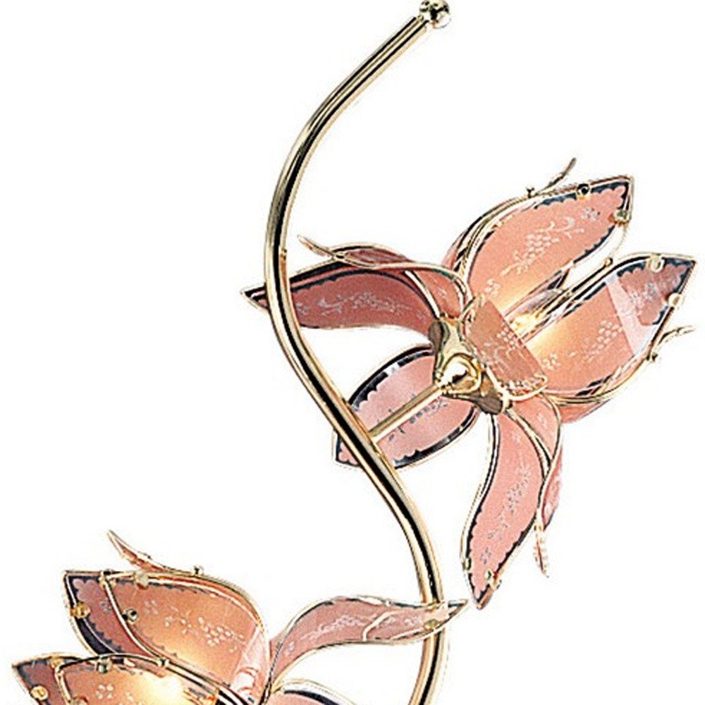 73" Gold Four Light Floral Floor Lamp With Pink Glass Shades on a white background