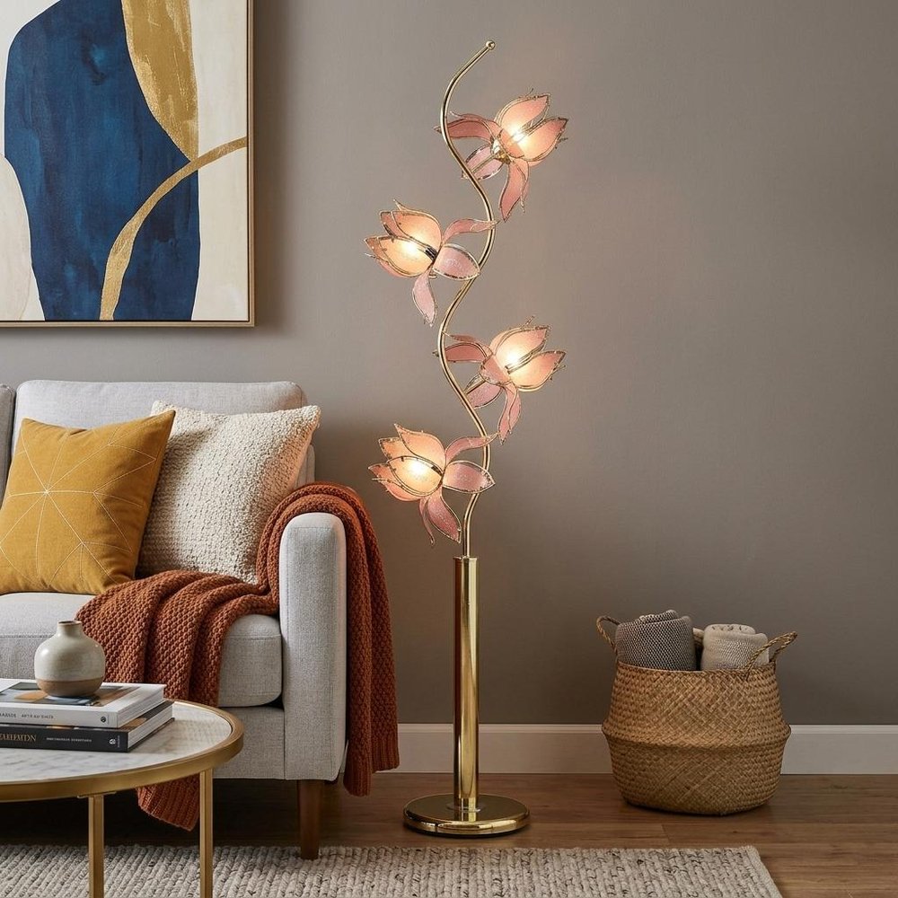 73" Gold Four Light Floral Floor Lamp With Pink Glass Shades